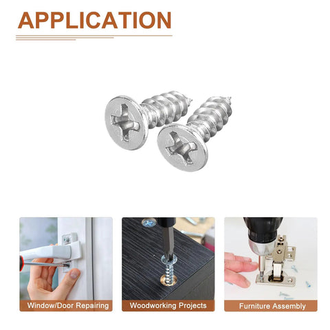 Premium Heavy Duty 100 Piece M4 X 12 Mm Flat Head Phillips Self Tapping Wood Screws Made From Tough 304 Stainless Steel, shown in various applications.