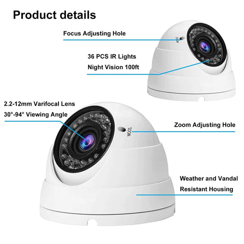 2MP CCTV Dome Camera 1080P 4 In 1 Analog TVI AHD CVI CVBS Varifocal Lens with 36 IR lights for night vision, weather-resistant