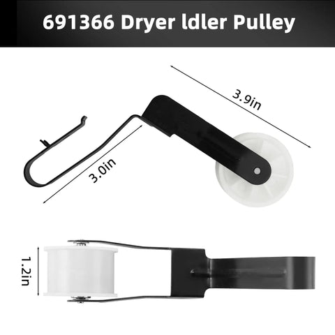 Must Have Dryer Repair Kit 4392065 Belt Replacement For Whirlpool WGD4815EW2 WED4950HW0 MEDX655DW1 WED4800BQ1 MEDC215EW1 Fits Maytag Kenmore Sears KitchenAid Roper 29 Inch Dryers idler pulley with dimensions 3.9in and 1.2in. Perspective view.