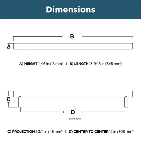 Dimensions diagram of 12 Inch Center To Center Stainless Steel Cabinet Handles 1 Pack Casual Drawer Pulls For Kitchen Cabinets Doors And Dressers Modern Durable Hardware For Quick Update And Seamless Style.