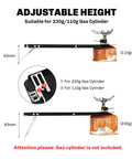 Featherweight Ultralight Folding Camp Table for Solo Camping and Backpacking showing adjustable height for gas cylinders.