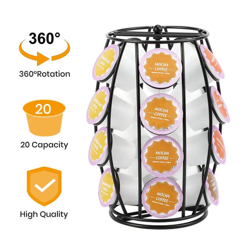 Rotating K Cup Holder Carousel For Countertop Holds 20 Coffee Pods Coffee Pod Organizer Stand No Fuss Pod Label Display Black Kitchen Accessory For Quick Pod Picks with 360° rotation feature