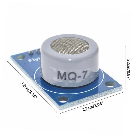 Carbon Monoxide Sensor Module With Analog Output And TTL Signal For DIYers CO Detector Module Double Sided PCB Long Life And Reliable Alarm Sensor For Home And Industrial Projects, close-up view of MQ-7 sensor on blue PCB with size dimensions