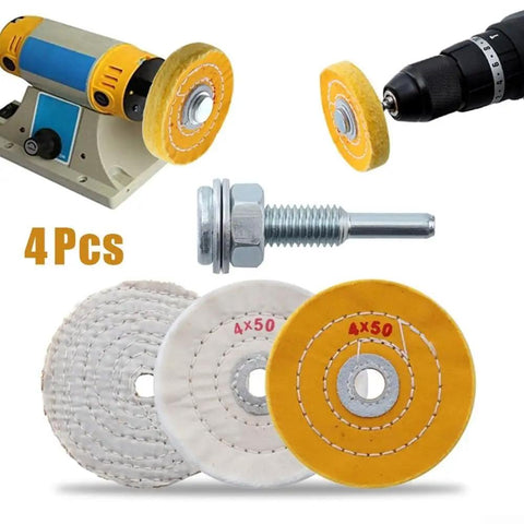 Get These 4 Inch 4 Pack Cotton Buffing Wheels For Your Electric Drill To Shine Stainless Steel Aluminum And Jewelry Fast Without Scratches with a drill and buffing wheels.