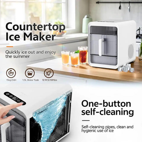 Compact Nugget Ice Maker With Self Cleaning Countertop Design produces crisp chewable ice, featuring sleek white design and one-button operation.
