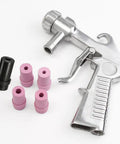 Pro Grade All In One Sandblaster Kit With Air Quick Adapter, featuring aluminum gun and ceramic nozzles for rust removal.