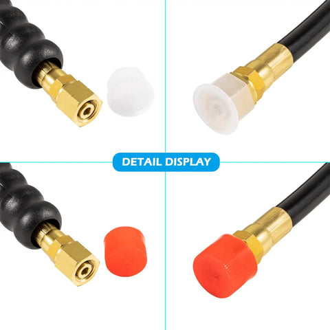 Detail of brass ends on the Sixteen Foot Hose Kit for Marine Hydraulic Steering Systems Compatible with Seastar and Teleflex Outboard Boats