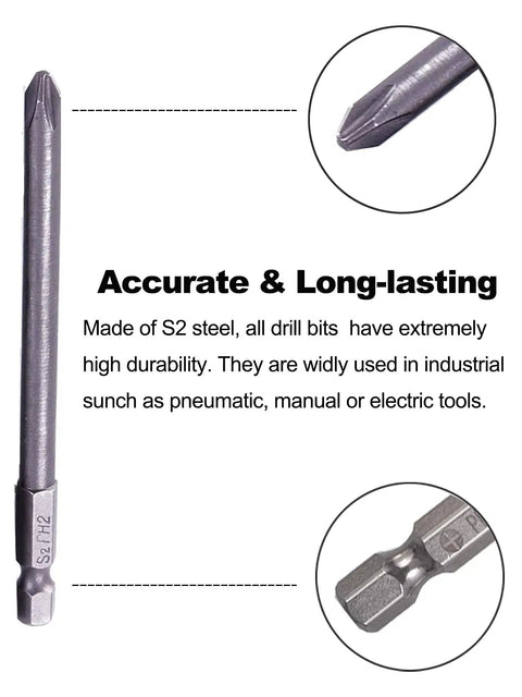 10Pcs 1/4 Inch Hex Shank Long Magnetic Screwdriver Bits Set For Power Tools with close-up of S2 steel tip and shank