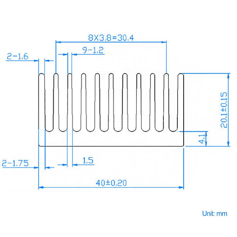 Technical diagram of 4 Pack Anodized Aluminum Heat Sinks 40 By 40 By 20mm Kit With 1.57 By 1.57 By 0.79 Inches Fins