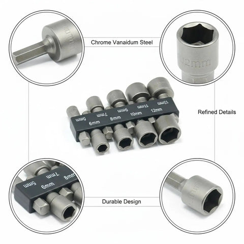 Genuine 9-Piece Drive Socket Set Made From Heavy Duty Chrome Vanadium Steel Bits Perfect For Impact Drivers And Drills To Handle High Torque Automotive Repairs Plus Appliance Maintenance With Durable Black Finish That Stays Tough Through Rough Jobs, 6-12mm sockets