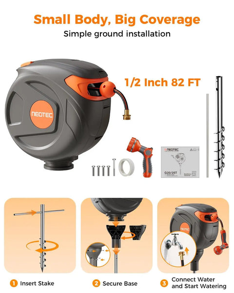Retractable Garden Hose Reel 82 Ft 1/2 Inch Ground Mounted with No Drill Base featuring accessories and installation steps