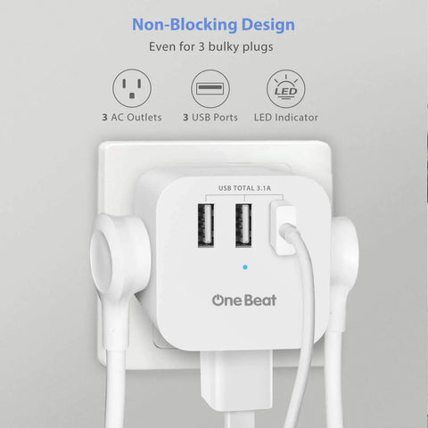 Travel Ready Three Outlet Extender With Three USB Ports And Built In Surge Protector, Compact Wall Plug Power Hub For Home Office And On The Go, Safe Charging For Phones, Tablets, And More