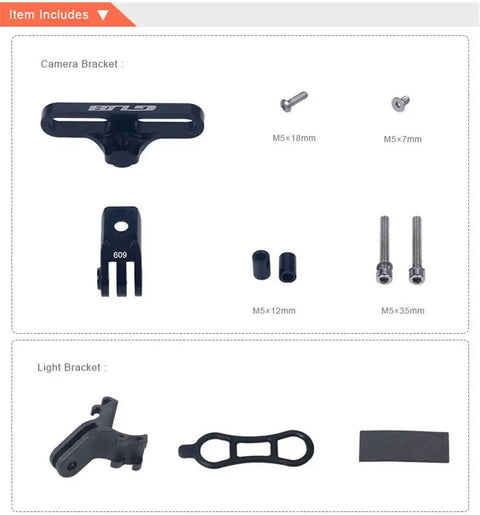 CNC Aluminum Bicycle Handlebar Stem Mount Rack components with screws and camera holder anodized black for road and mountain bikes.