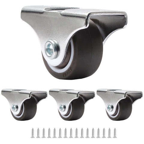 8 Pack 1 Inch Caster Wheels With Metal Top And TPE Rubber Low Profile Fixed Casters For Furniture Moving, shown with screws.