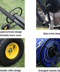 Detailed view of Heavy Duty Garden Hose Reel Cart Rolling On Smooth Casters With Cushioned Handles, showing armrest, crank, and wheel.