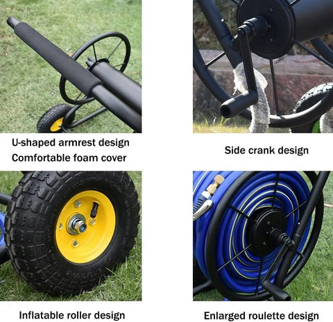 Detailed view of Heavy Duty Garden Hose Reel Cart Rolling On Smooth Casters With Cushioned Handles, showing armrest, crank, and wheel.