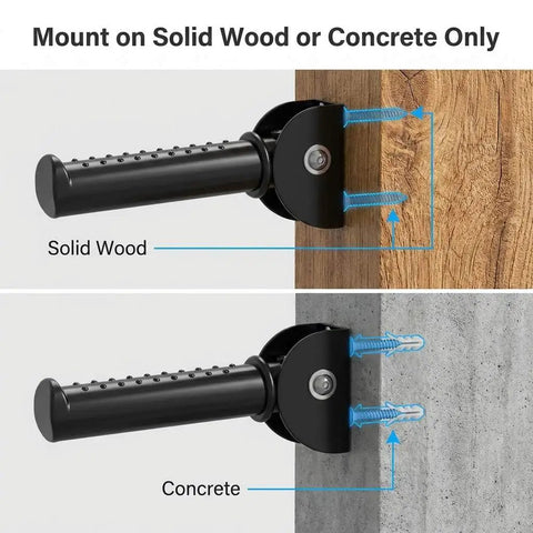 Mounting options for Tough Folding Grab Bars For Stairs And Doorways on solid wood and concrete surfaces.