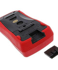 Back view of Pro Grade AC DC Auto Ranging Digital Multimeter With True RMS, RS232 PC Data Logging, red heavy duty holster.