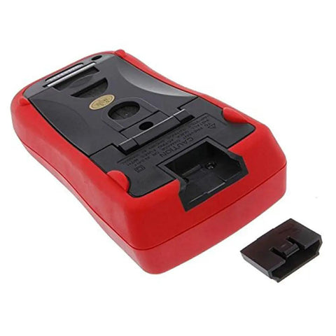 Back view of Pro Grade AC DC Auto Ranging Digital Multimeter With True RMS, RS232 PC Data Logging, red heavy duty holster.