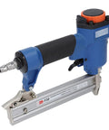 Boss Grade 18 Gauge Pneumatic Brad Nailer Air Powered Nail Gun Featuring An Ergonomic Soft Grip Handle For Carpentry And Upholstery Jobs Providing Rock Solid Accuracy At Four To Seven Bar Pressure, showing handle and nozzle