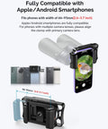 Universal Telescope Phone Mount Adapter with smartphone showing bird photo, fits devices 66-95mm, compatible with multiple brands.