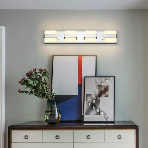 4 Light Chrome LED Vanity Light Fixtures Over Mirror, Modern Bathroom Lighting, 27 Inch, Warm White Glow, wall-mounted over dresser
