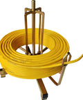 Folding Wire Spool Rack for Floor or Stud Mounting with yellow cable, space saving, portable cable organizer for Romex wires, electrician tools.
