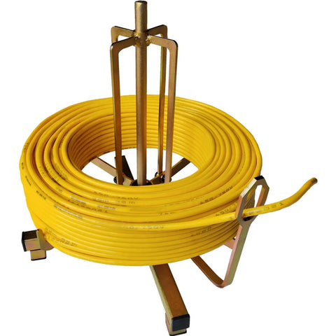 Folding Wire Spool Rack for Floor or Stud Mounting with yellow cable, space saving, portable cable organizer for Romex wires, electrician tools.