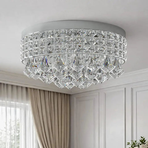 Four Light Crystal Chandelier With Modern Drum Ceiling Light Fixture And Raindrop Flush Mount Round Metal Shade In Chrome Finish