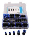Pro Grade 60 Piece Pneumatic Push To Connect Air Hose Tube Fittings Kit With 4mm 12mm And Inch Size Tube Adapters For Auto Repair Shops Spray Painting And Woodworking Bench Tools Great Value Heavy Duty Pack For Professionals, plastic case with assorted black and blue tube fittings