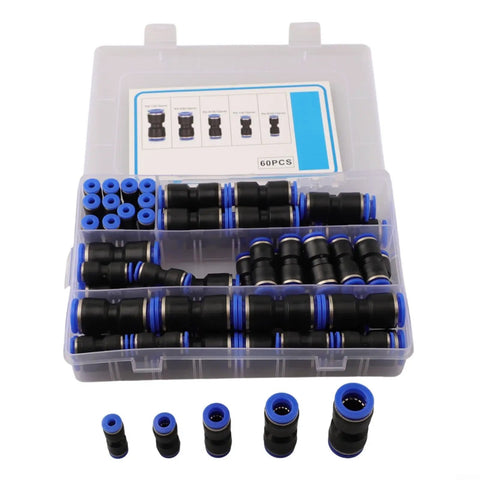 Pro Grade 60 Piece Pneumatic Push To Connect Air Hose Tube Fittings Kit With 4mm 12mm And Inch Size Tube Adapters For Auto Repair Shops Spray Painting And Woodworking Bench Tools Great Value Heavy Duty Pack For Professionals, plastic case with assorted black and blue tube fittings