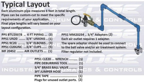 Typical layout diagram for Shop Ready Aluminum Compressed Air Pipe Rig, Plug And Play 3/4 Inch 18 Foot Rigid Pneumatic Piping Kit.