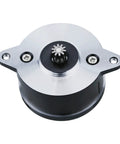 Front view of high-temp NEMA 14 pancake motor with silver mounting plate and 10-tooth gear on black housing