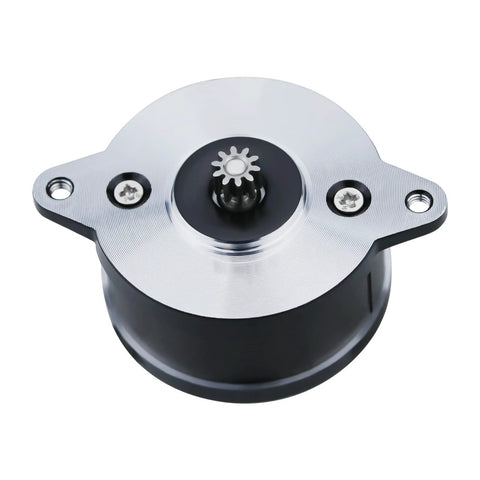 Front view of high-temp NEMA 14 pancake motor with silver mounting plate and 10-tooth gear on black housing
