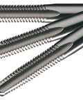 Pro Grade Hss Hand Tap Set With Taper Plug And Bottoming Ends For 10-32 Unf Threading Made In Usa showing tapered, plugged, and bottoming taps.