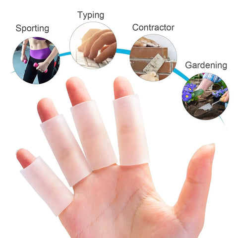 Hand wearing Gel Finger Sleeves 8 Pack For Arthritis And Trigger Finger Pain Silicone Thumb Tubes Finger Protectors during various activities