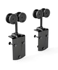Exterior Sliding Barn Door Hardware Kit With Box Rail Hangers, black finish, side view of heavy duty galvanized steel components.