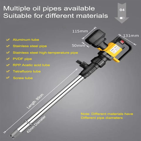 High Performance 1000W Electric Drum Pump With Brushless Motor Power Great For Diesel Fuel Transfer. Battery Powered Oil Transfer Pump Features Aluminum Tube And Three Speed Settings To Make Job A Breeze Without Hassle Or Maintenance Needs