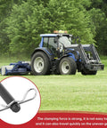 Half Inch Trailer Hitch Pin And Clip Set For Trailers With Quick Hook Up And Unhook For Tow Gear And Utility Vehicles Two Pack Includes Three And Five Eighths Inch Shank And R Clips For Tractors Lawn Mowers Golf Carts RVs And ATVs shown with a tractor in a field.