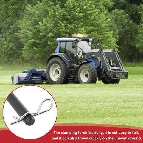 Half Inch Trailer Hitch Pin And Clip Set For Trailers With Quick Hook Up And Unhook For Tow Gear And Utility Vehicles Two Pack Includes Three And Five Eighths Inch Shank And R Clips For Tractors Lawn Mowers Golf Carts RVs And ATVs shown with a tractor in a field.