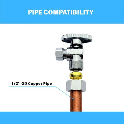 Brass Quarter Turn Angle Stop Valve Half Inch Nominal Inlet Five Eighths Inch OD Compression To Three Eighths Inch Compression Outlet shown with pipe