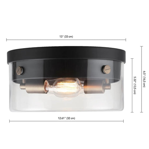 Ella 1-Light Flush Mount Ceiling Light In Matte Black With Chrome Accents And Clear Glass Shade, Vintage-Inspired Fixture