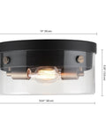 2 Light Flush Mount Ceiling Light In Matte Black With Brass Accents And Clear Glass Shade, E26 base shown in detail