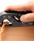 Hand using 2-In-1 Chamfer and Radius Plane for Woodworking, Depth Adjustable 1/32 Inch (5mm) on wooden edge, creating shavings.