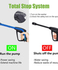 HX3000 Portable Pressure Washer With Hose Reel showing total stop system instructions with safety lock and power saving features.