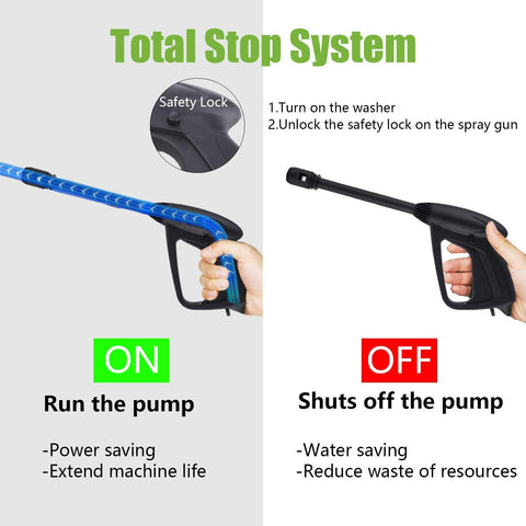 HX3000 Portable Pressure Washer With Hose Reel showing total stop system instructions with safety lock and power saving features.