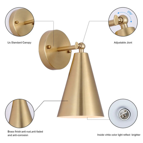 Gold Brass Wall Sconces Set Of 2 With Dope Adjustable Swing Arm Lamps and metal shades showing detailed features