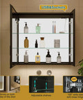 LED Lighted Bathroom Medicine Cabinet With Backlit Panel, USB Sockets, open showing shelves with toiletries, wall mounted