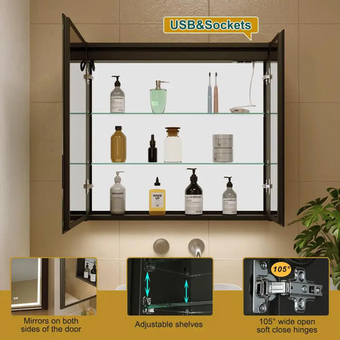 LED Lighted Bathroom Medicine Cabinet With Backlit Panel, USB Sockets, open showing shelves with toiletries, wall mounted