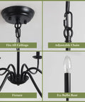 Details of Black 6 Light Dope Farmhouse Chandelier For Dining Room And Kitchen featuring adjustable chain and E12 bulbs base.